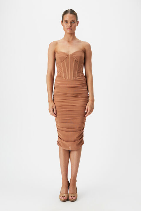 LITHIUM MESH MIDI DRESS in colour RUGBY TAN
