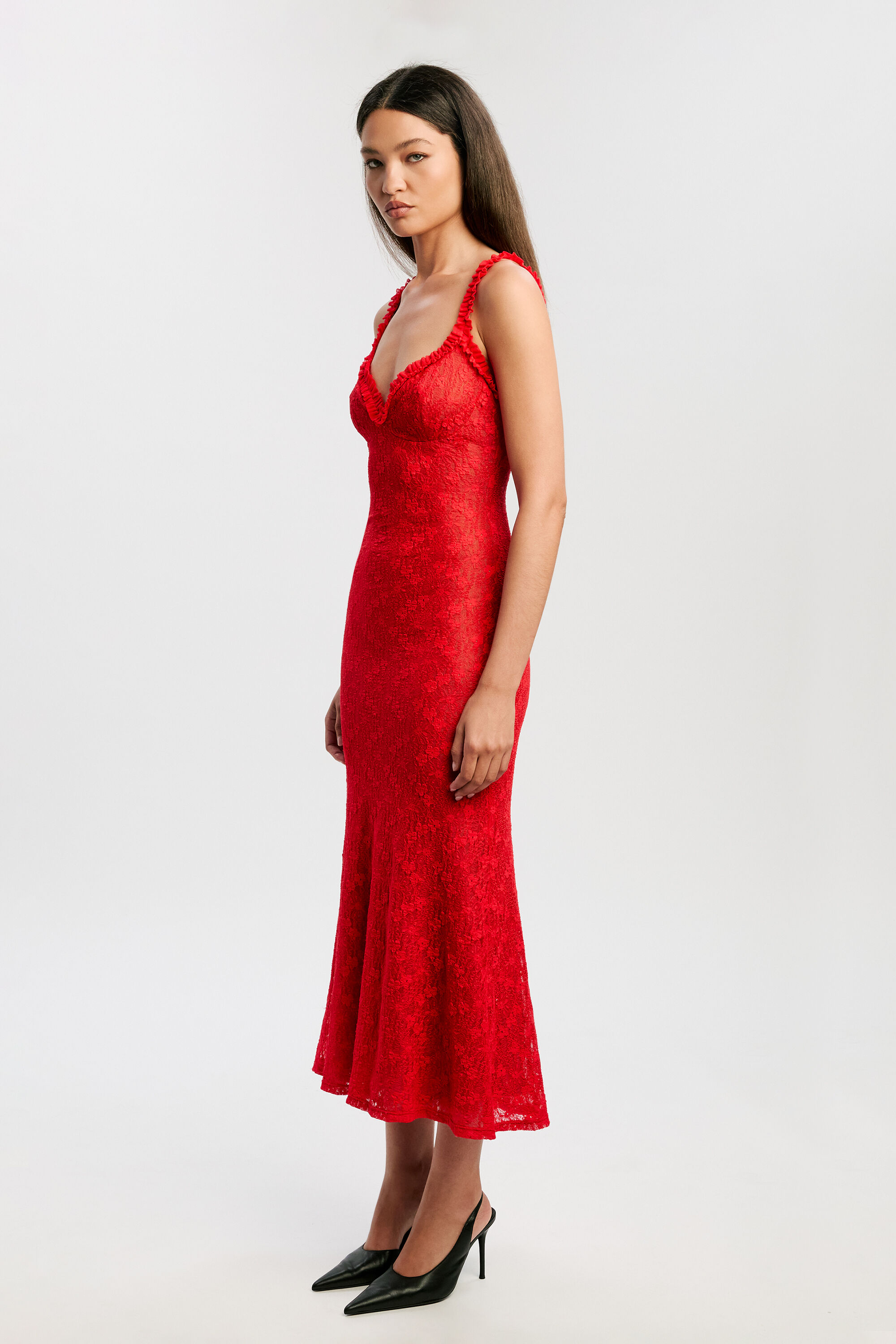 Alegra Stretch Lace Midi Dress In Fire Red | Bardot