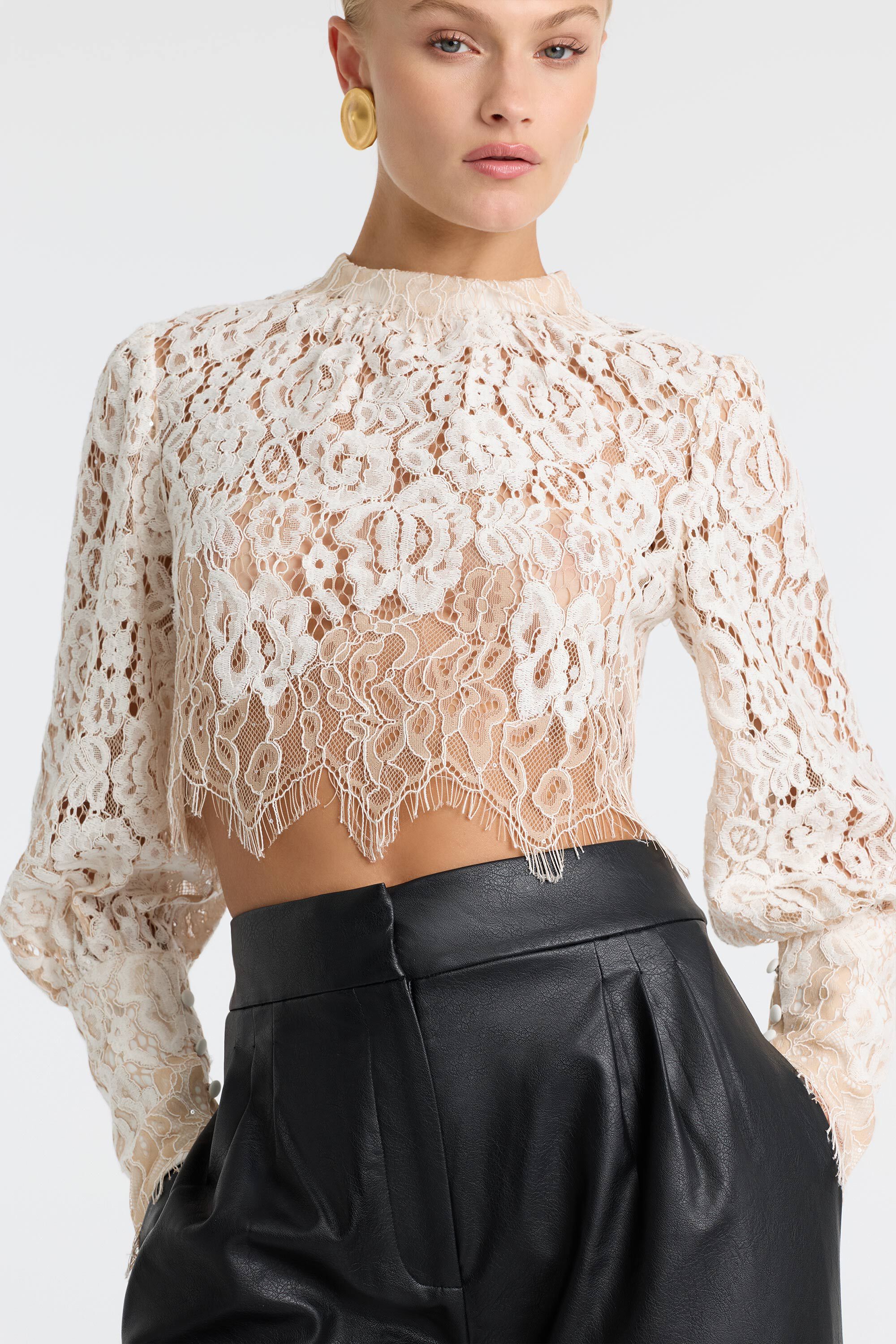 Georgia Long Sleeve Lace Top In Ivory | Bardot