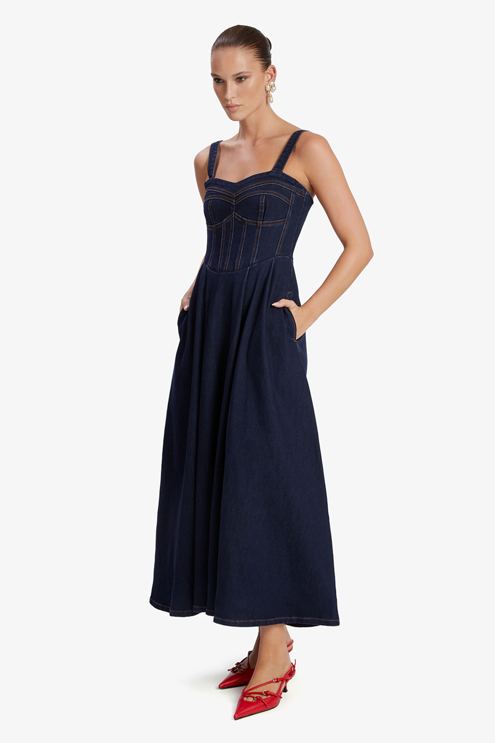 Lilah Denim Midi Dress In Dark | Bardot