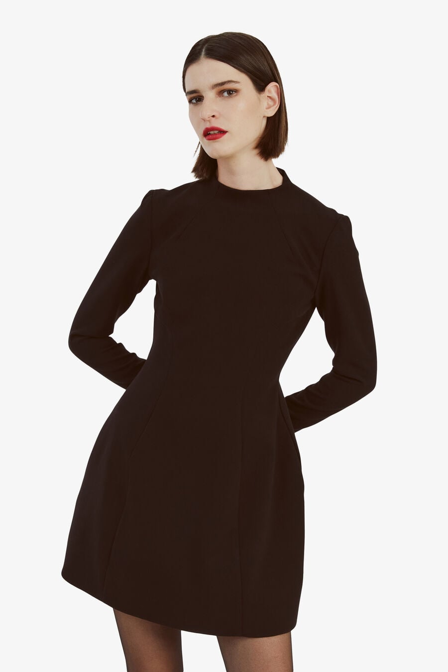 black textured bardot flare long sleeve mini dress Delphi Long Sleeve Mini Dress In Black