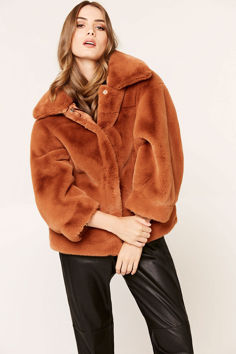 Brown faux fur bomber jacket clearance