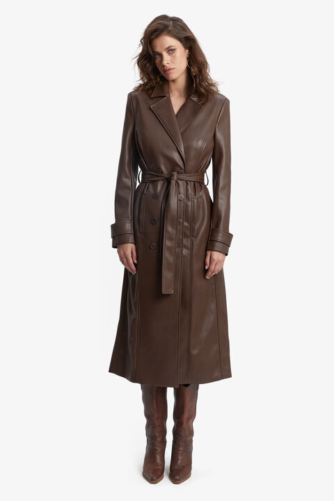 VEGAN LEATHER TRENCH COAT in colour CHOCOLATE BROWN