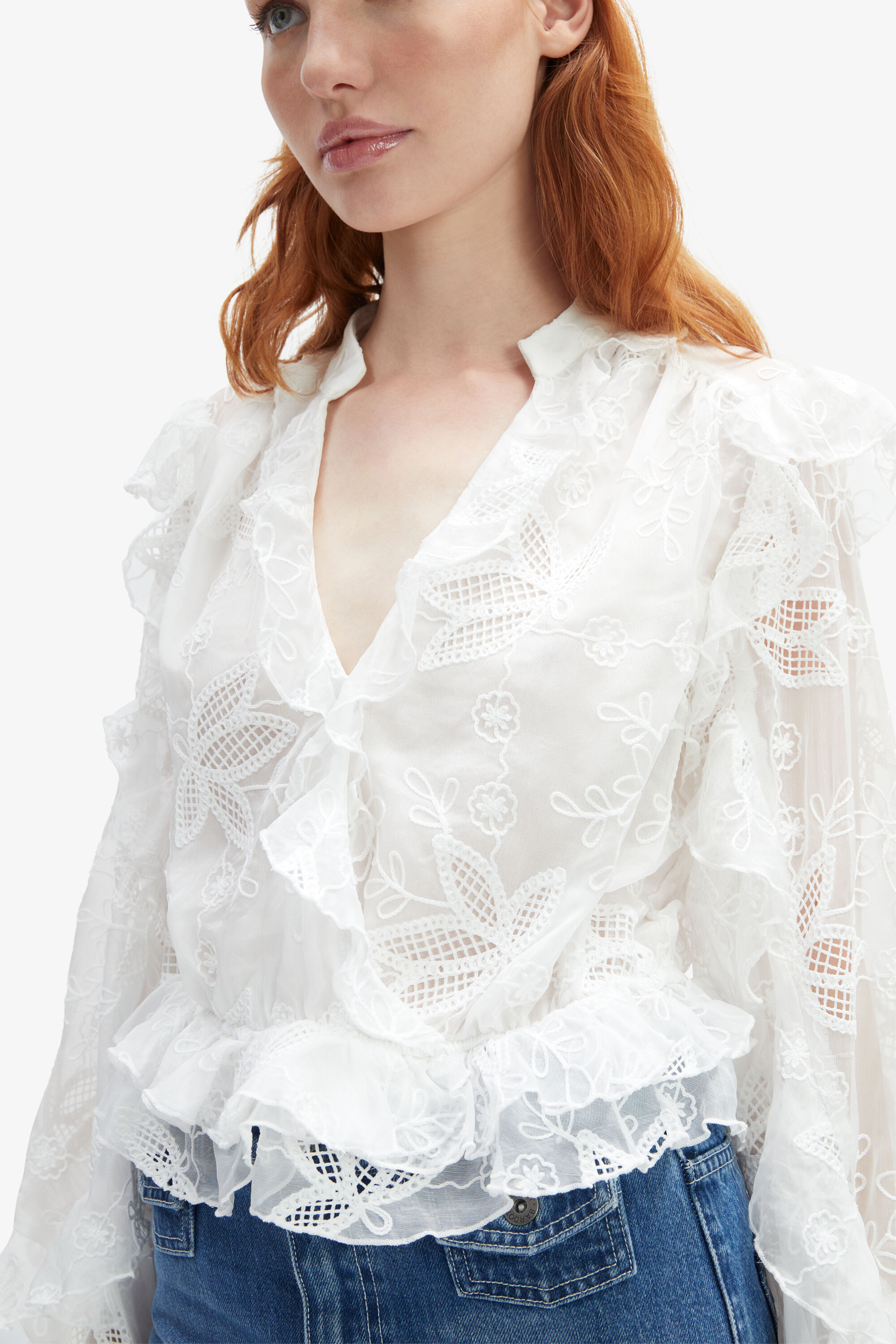 Frill Embroidered Blouse In Orchid White | Bardot