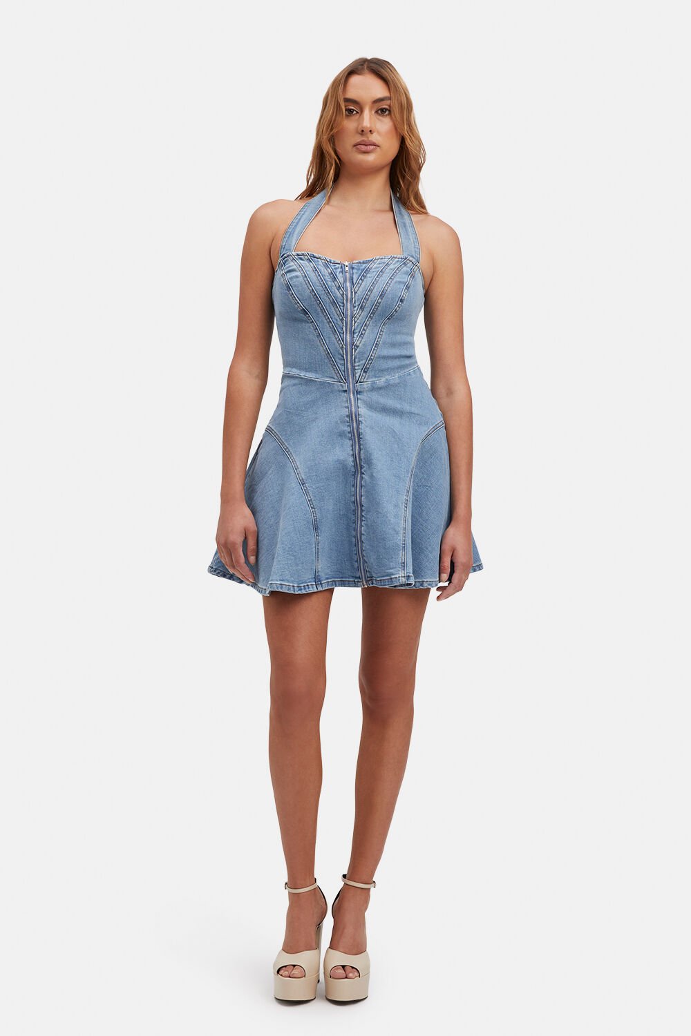Denim bardot 2025 mini dress