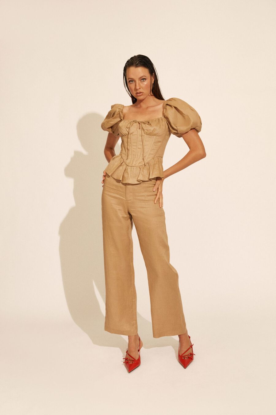 ESRA PUFF SLEEVE CORSET TOP in colour LATTE