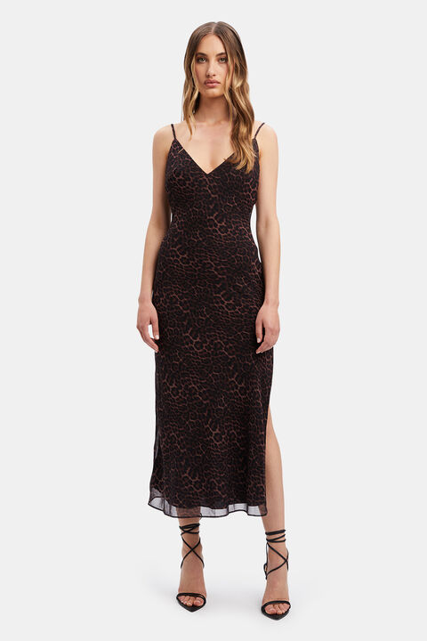 LEOPARD SLIP MIDI DRESS in colour LATTE