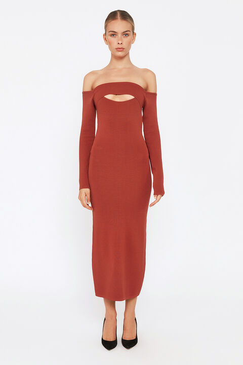 LAINA MIDI KNIT DRESS in colour COPPER BROWN
