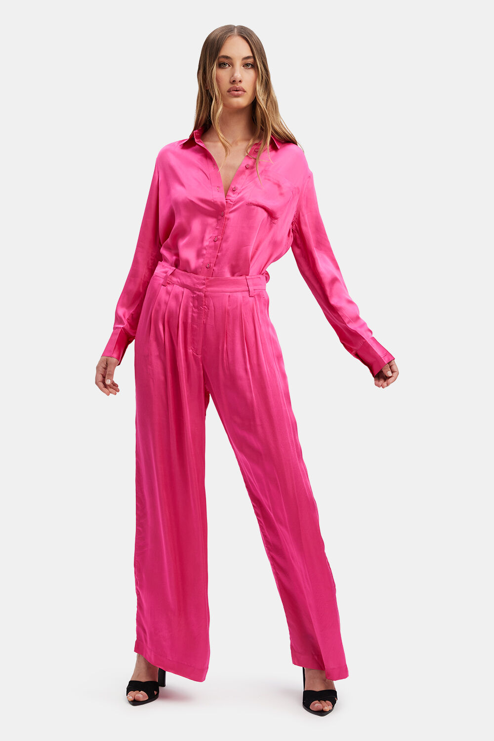 LENA SATIN SHIRT in colour HOT PINK