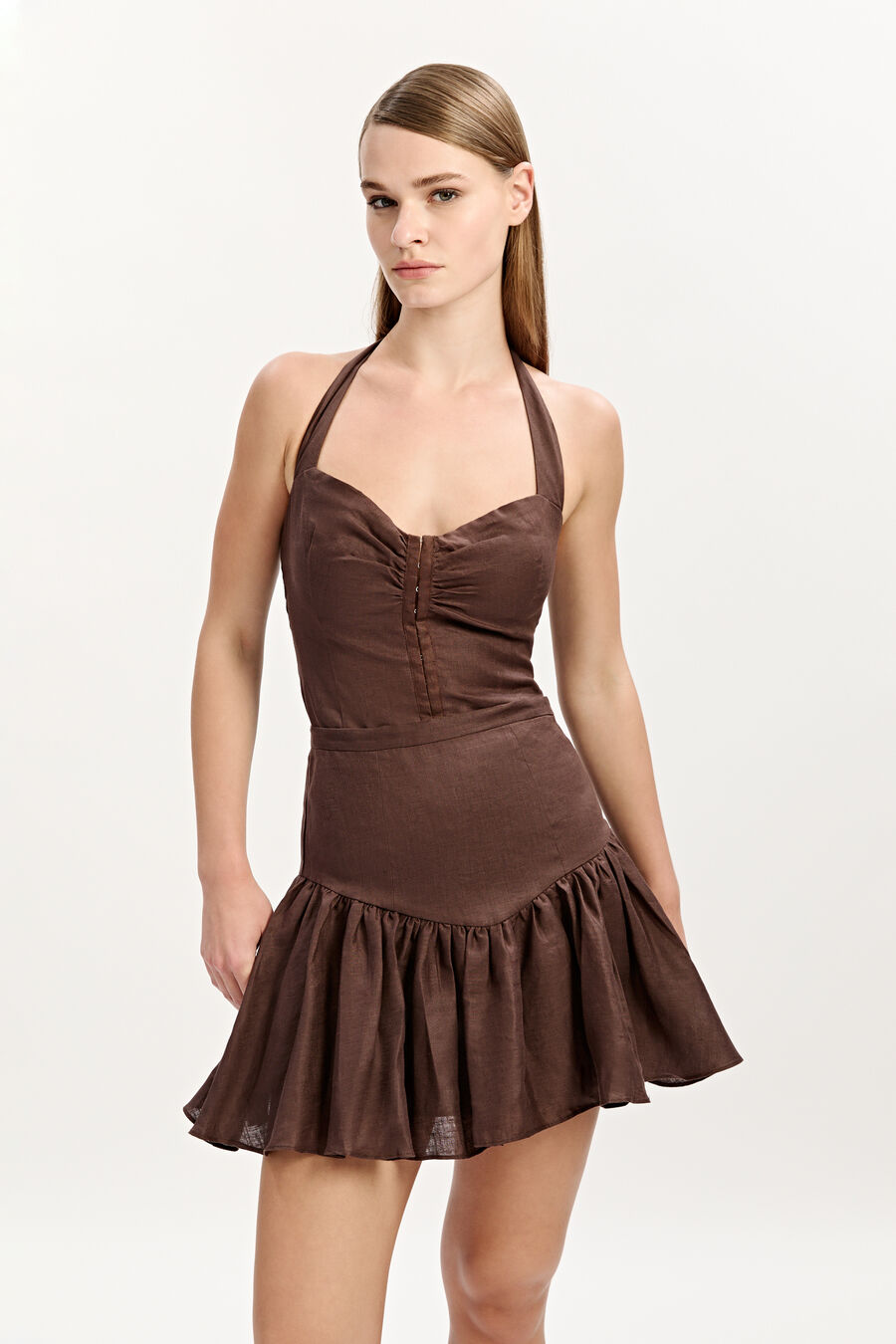 AMORETTE LINEN MINI SKIRT in colour CHOCOLATE