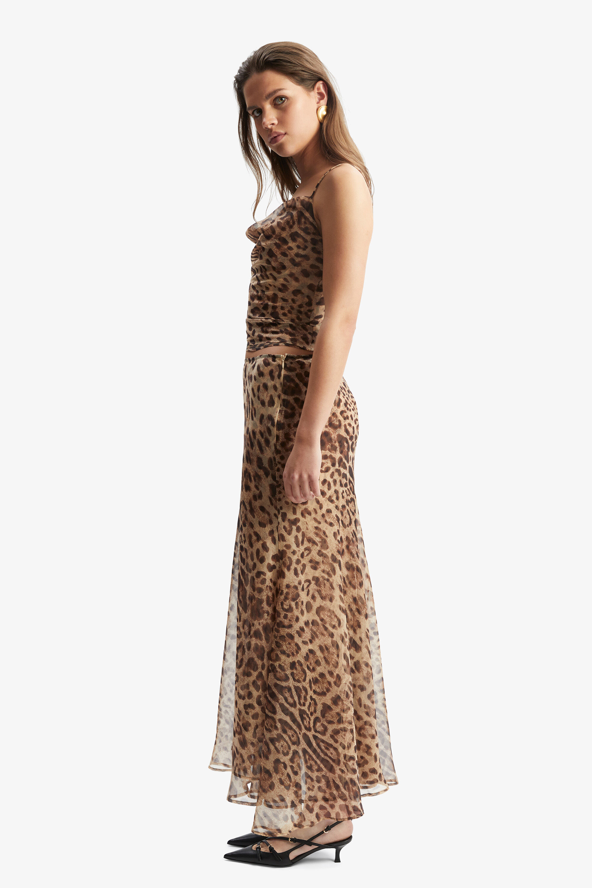 Leopard print skirt bardot top