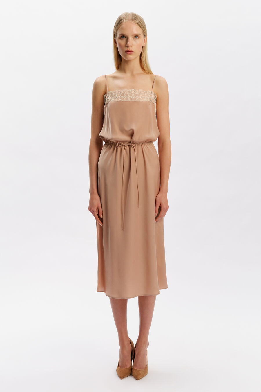 Olina Lace Satin Midi Dress