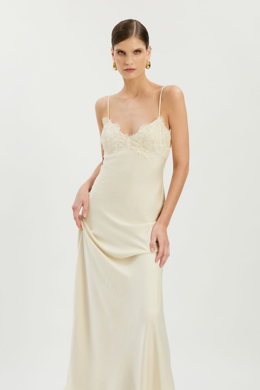 ELISAN LACE SATIN MAXI DRESS in colour IVORY