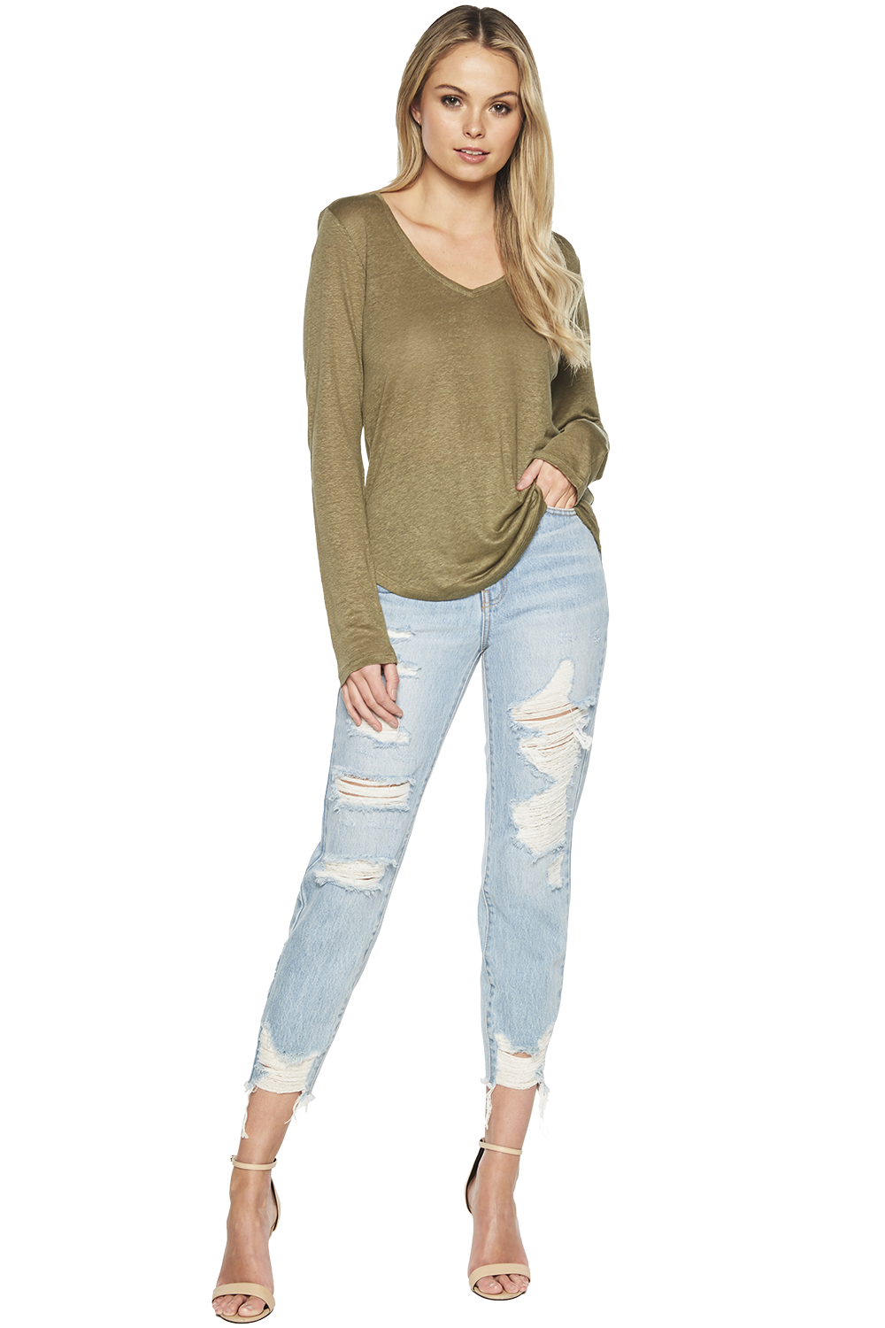 Charlotte Long Sleeve Top in Army Green | Bardot
