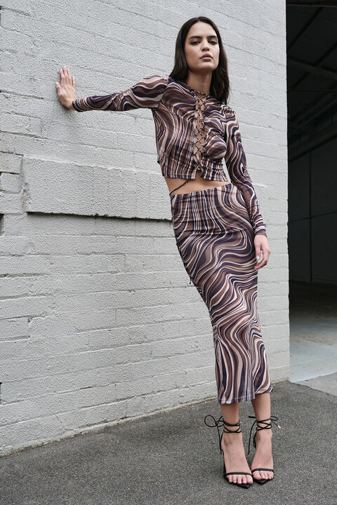 ZENDAYA MESH TOP in colour BROWN SWIRL