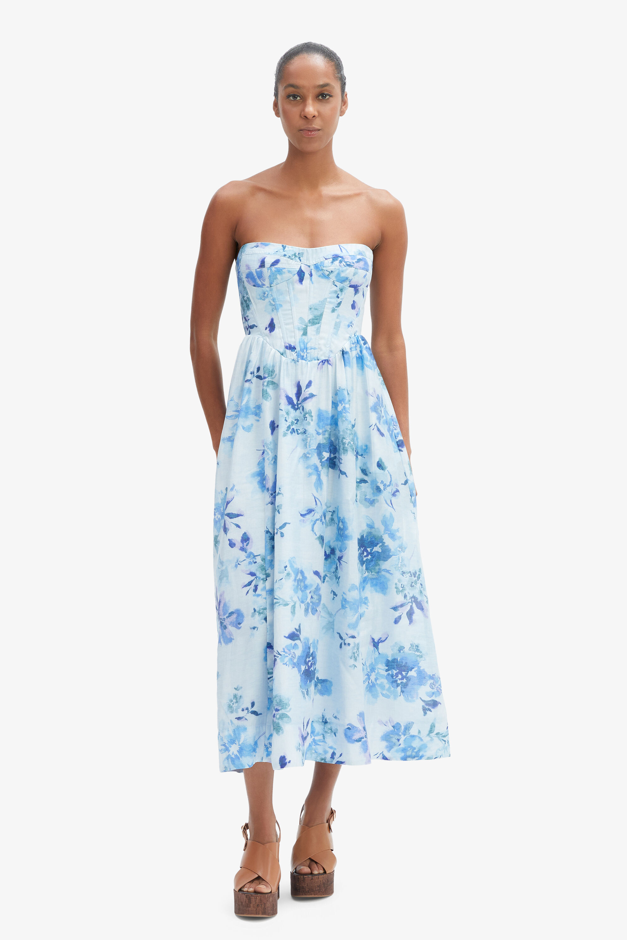 blue floral bardot dress Lola Corset Midi In Baby The versatile shift silhouette