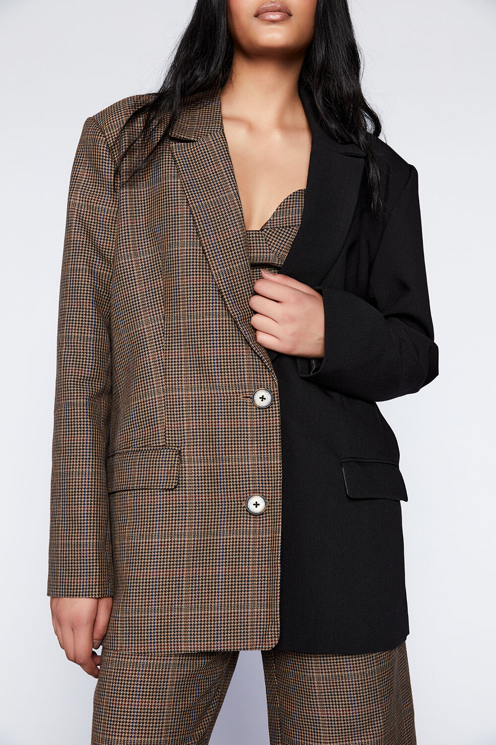 SPLICED CHECK BLAZER in colour TOBACCO BROWN