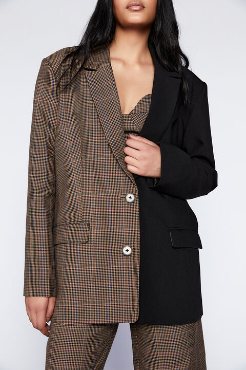SPLICED CHECK BLAZER in colour TOBACCO BROWN