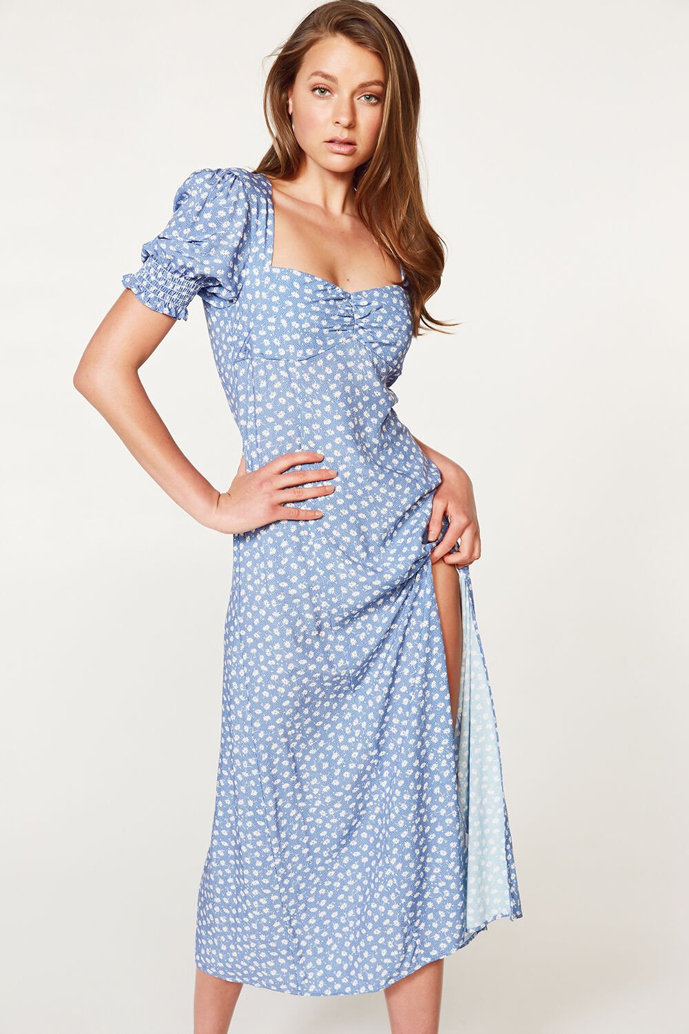 bardot blue floral dress