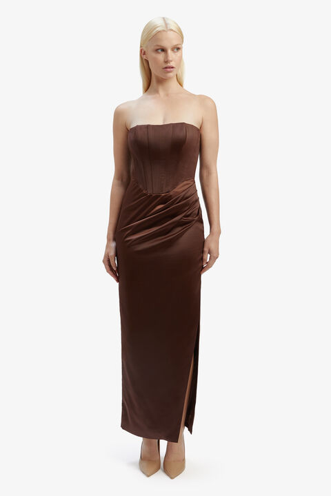 EVERLASTING SATIN MIDI DRESS in colour CHOCOLATE BROWN