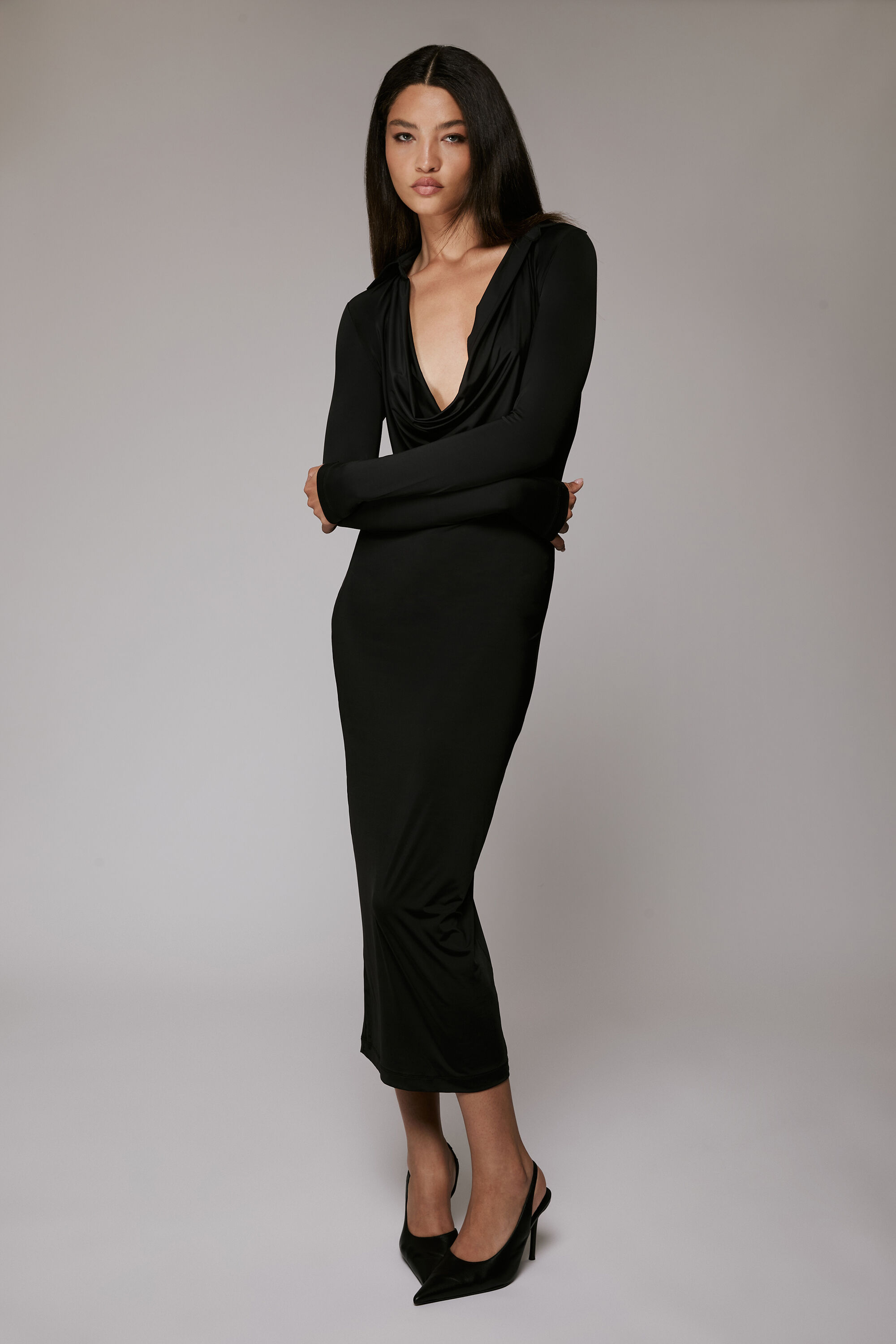 knee length dresses for ladies Amaia Black Bardot Long-Sleeve Maxi Dress – Club L London