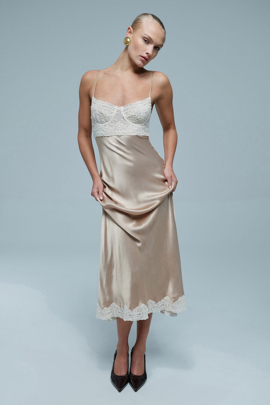 Tzarian Satin Lace Midi Dress