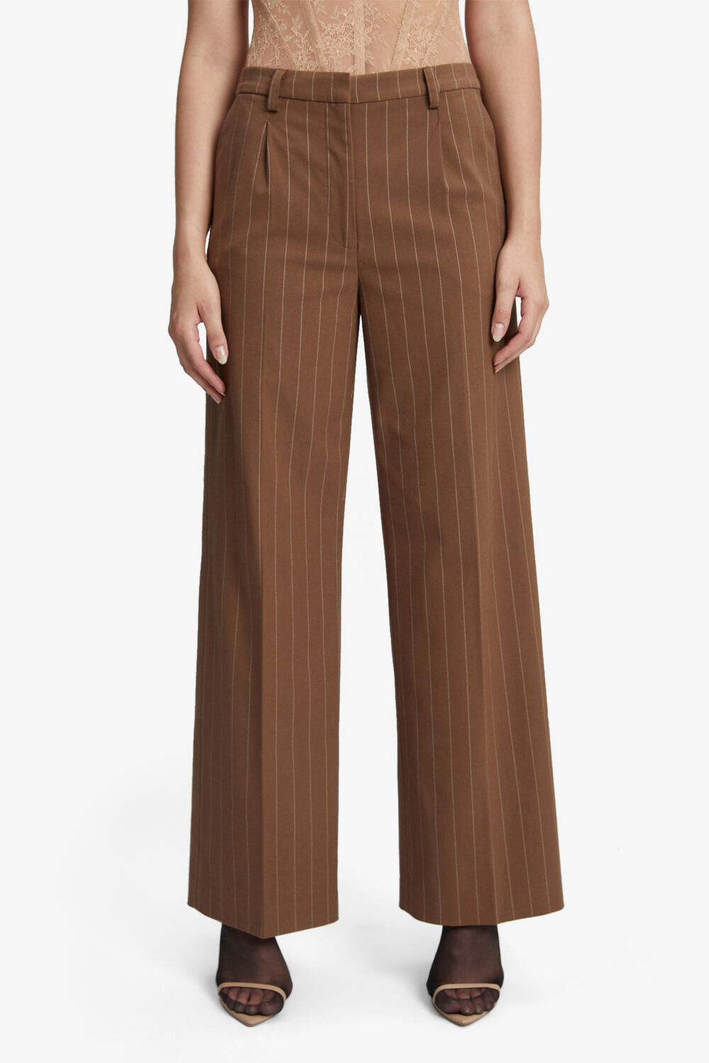PIN STRIPE STRAIGHT PANT in colour CHESTNUT STRIPE