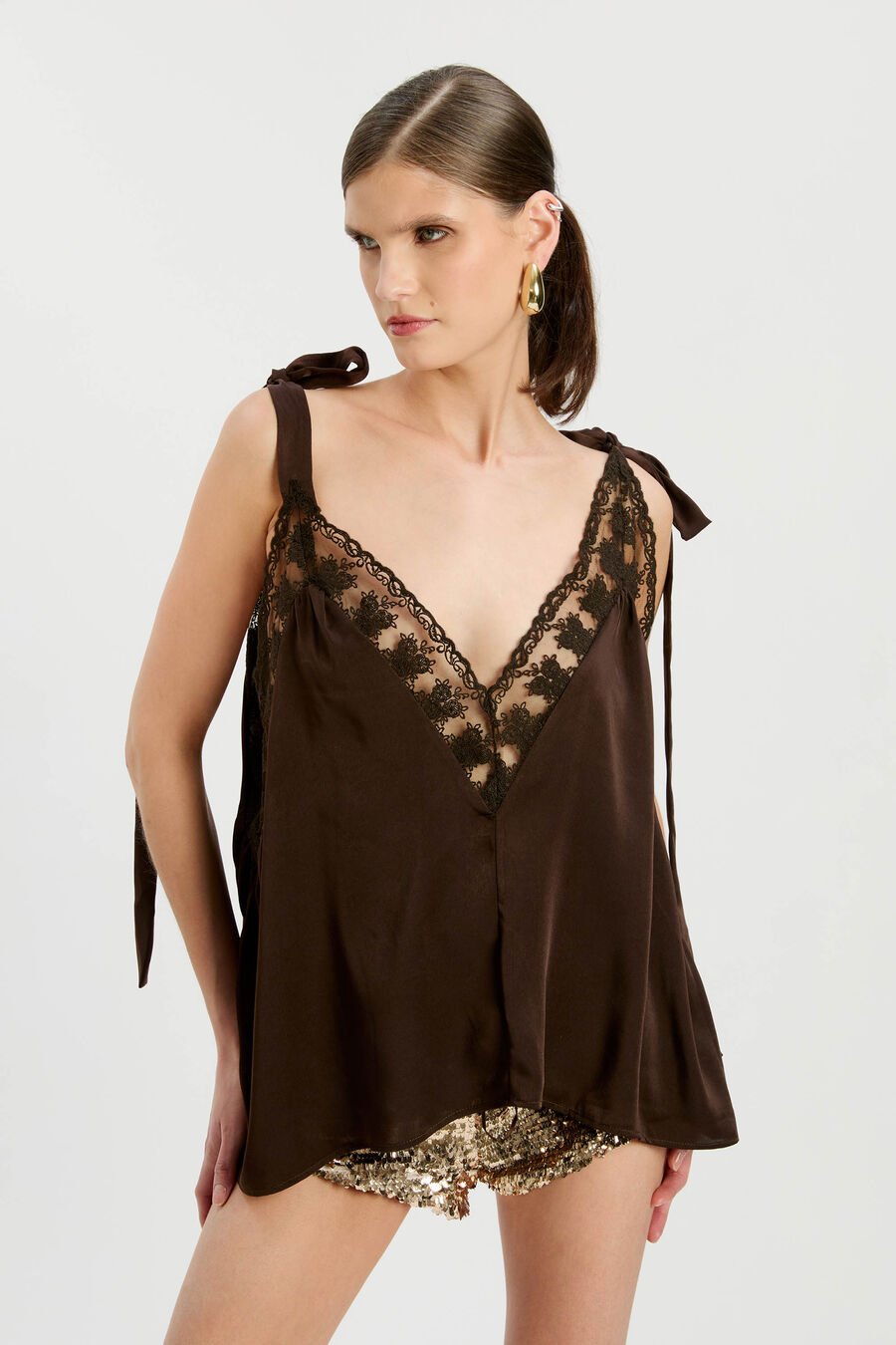 AUBREY TIE STRAP CAMI in colour DARK CHOCO