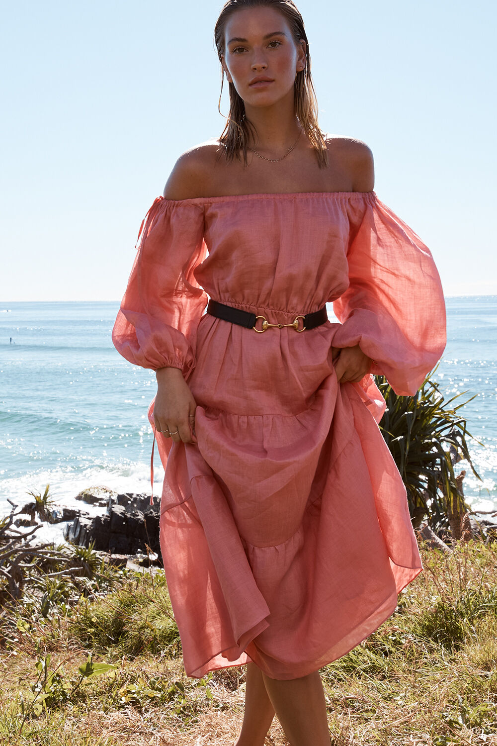 Gianna Midi Dress in Coral | Bardot