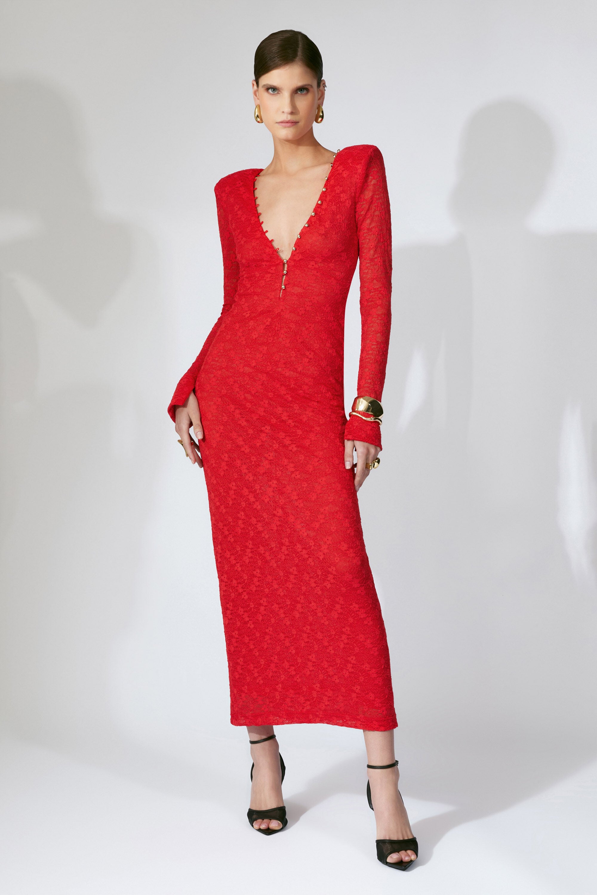 red bardot frill sleeve draped midi dress Red Bardot Frill Sleeve Draped Midi Dress