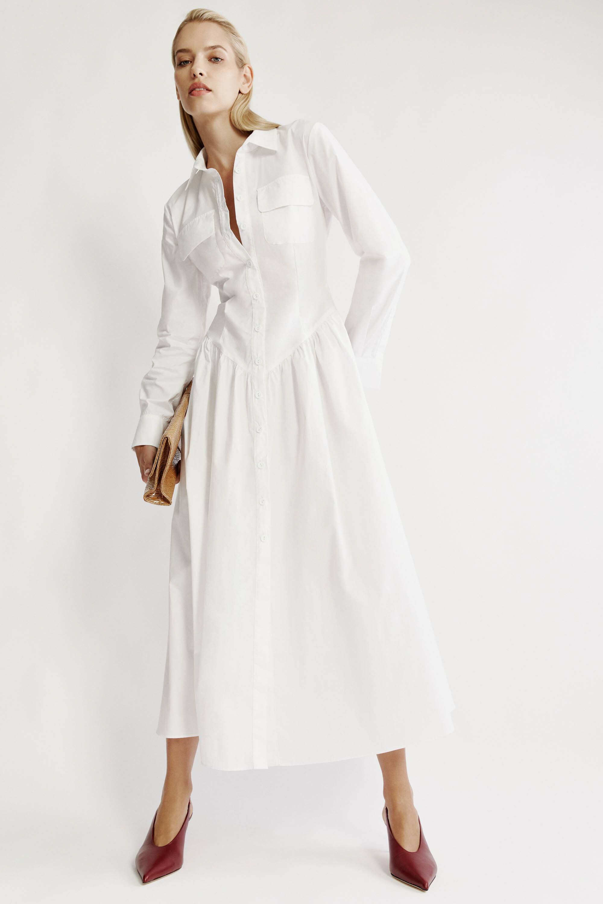 Agatha Fitted Shirt Dress In Orchid White | Bardot