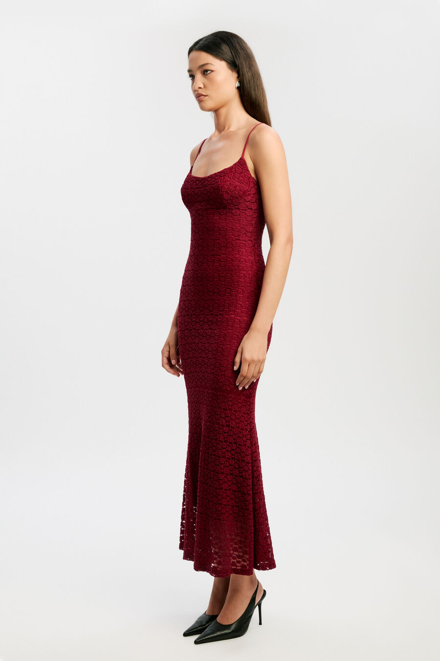LOUISA MESH MIDI DRESS in colour BURGUNDY