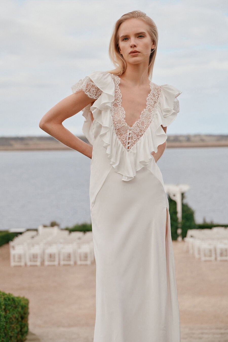 CELESTE RUFFLE MAXI DRESS in colour Orchid White