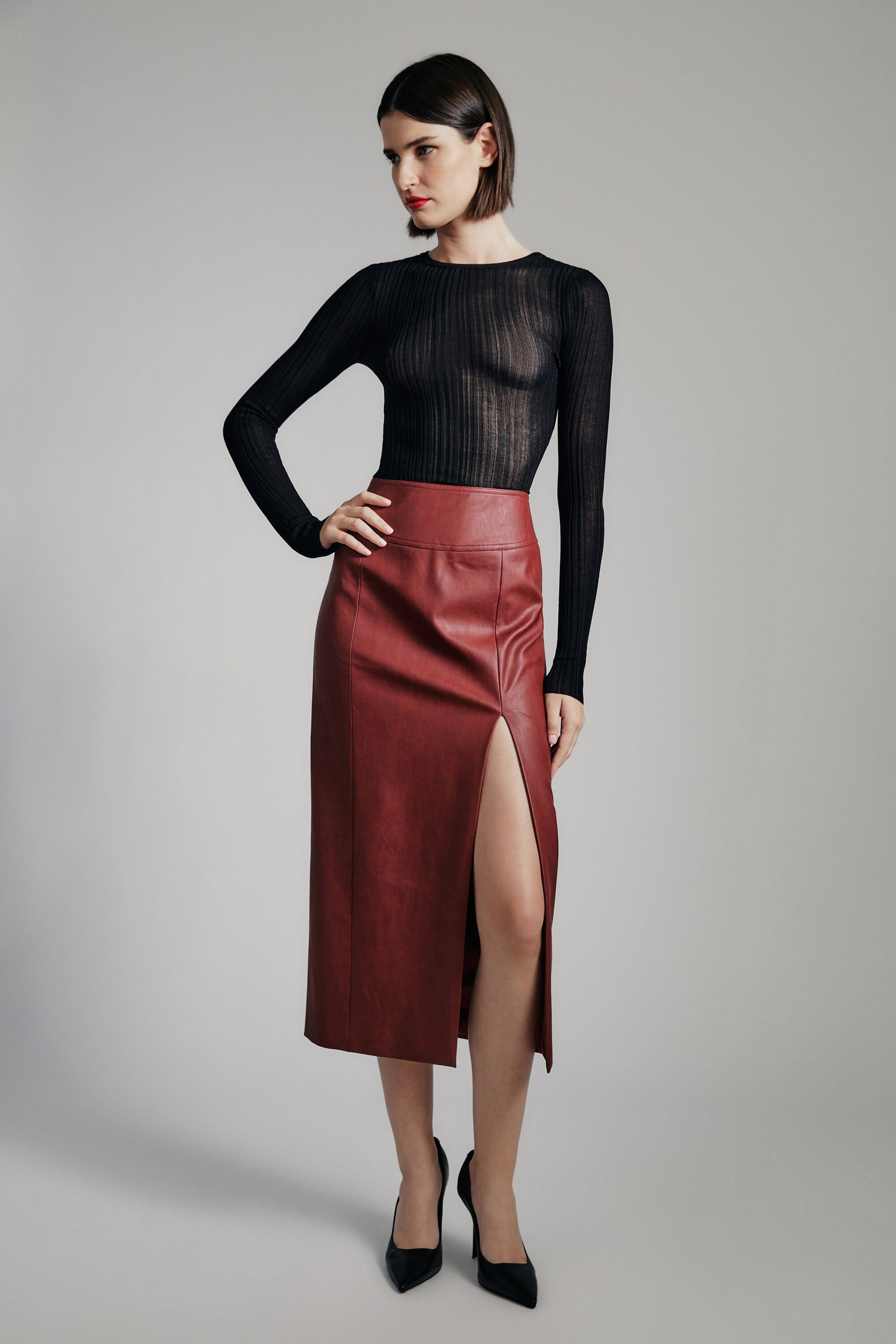 Dante Vegan Leather Midi Skirt In Deep Red Bardot