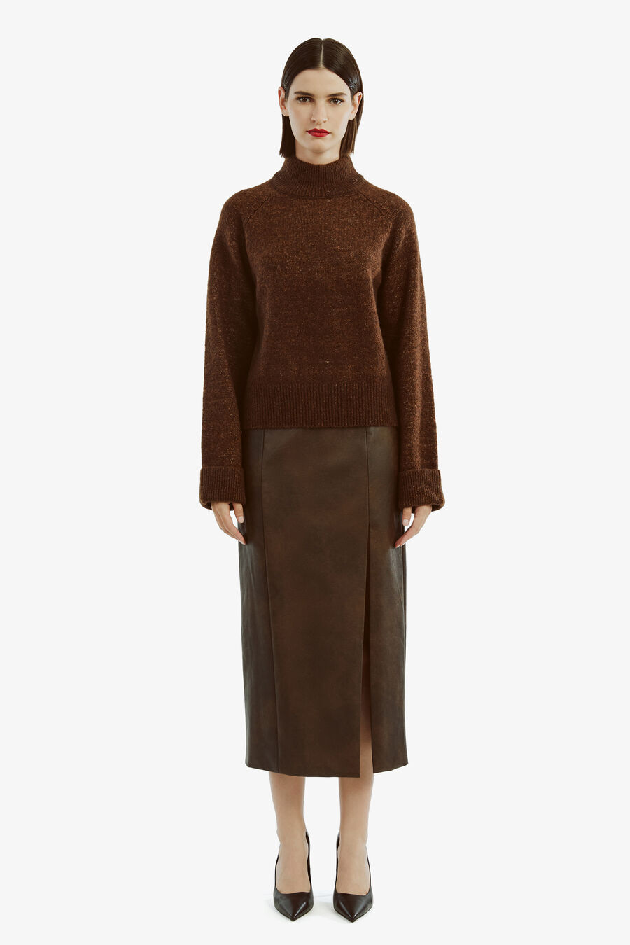 DANTE VEGAN LEATHER MIDI SKIRT in colour DARK CHOCOLATE