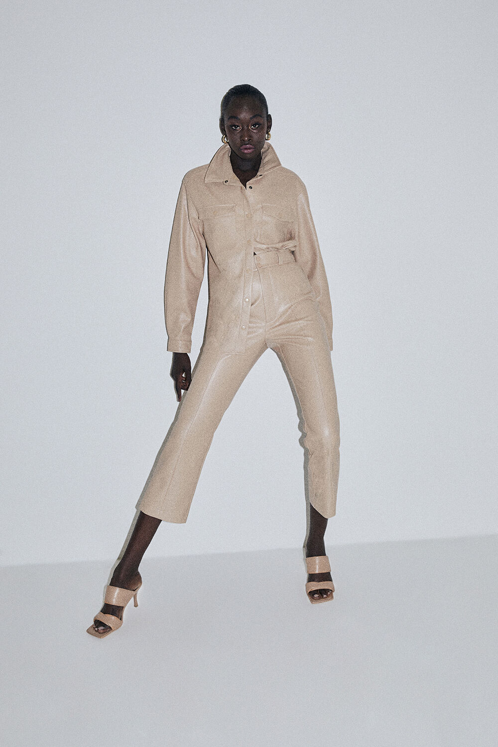 Frida Vegan Leather Shirt in Beige | Bardot