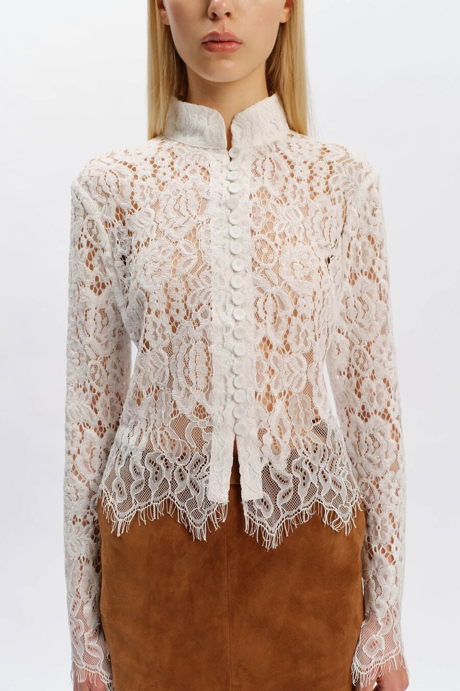 REMLY BUTTON FRONT LACE TOP in colour Orchid White