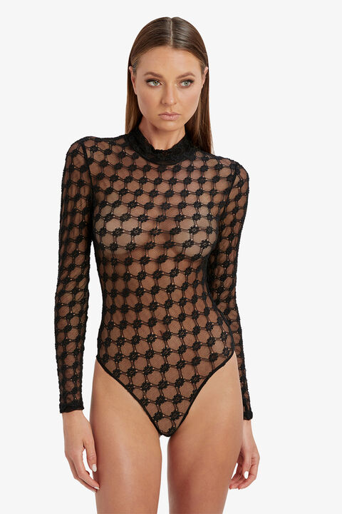 ADONI MESH BODYSUIT in colour CAVIAR
