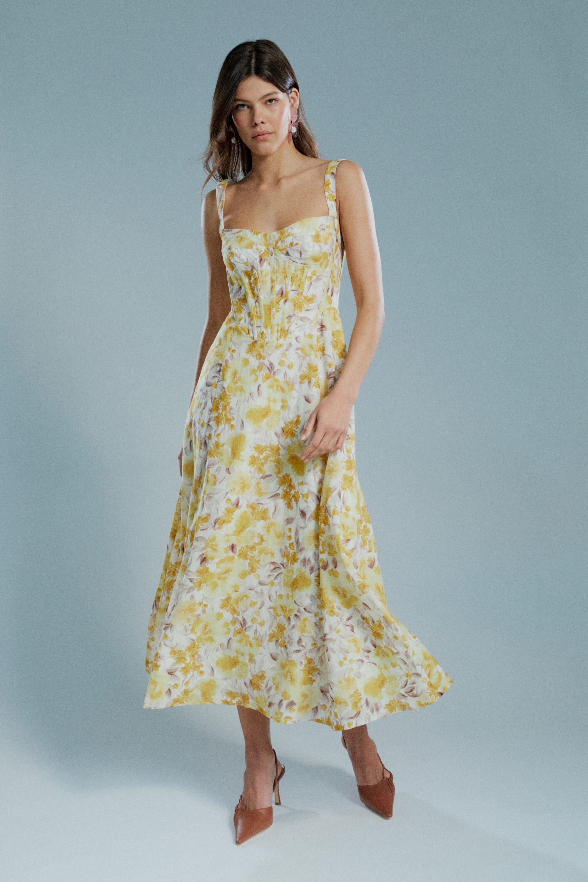 Lilah Corset Midi Dress In Yellow Floral Bardot