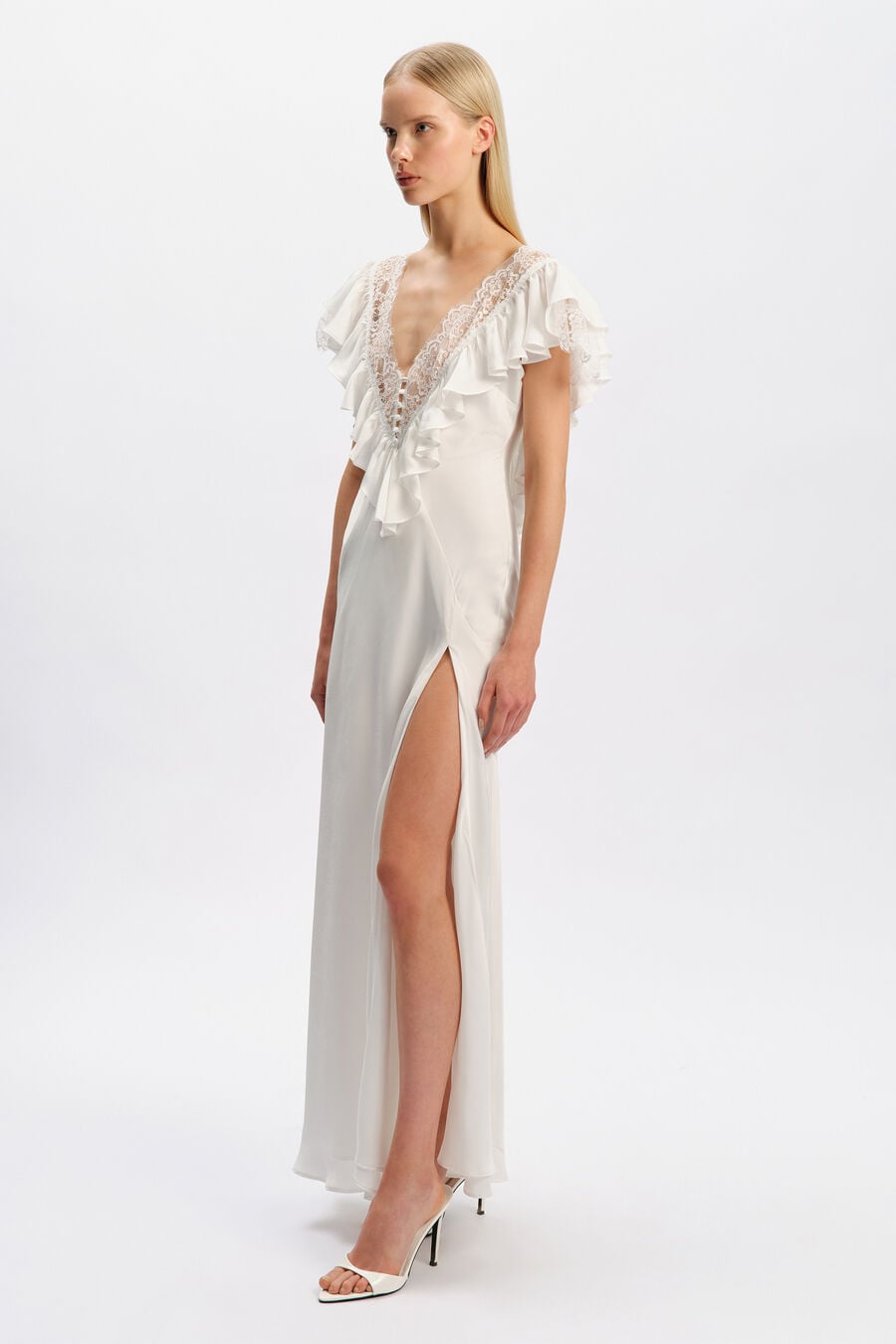CELESTE RUFFLE MAXI DRESS in colour Orchid White