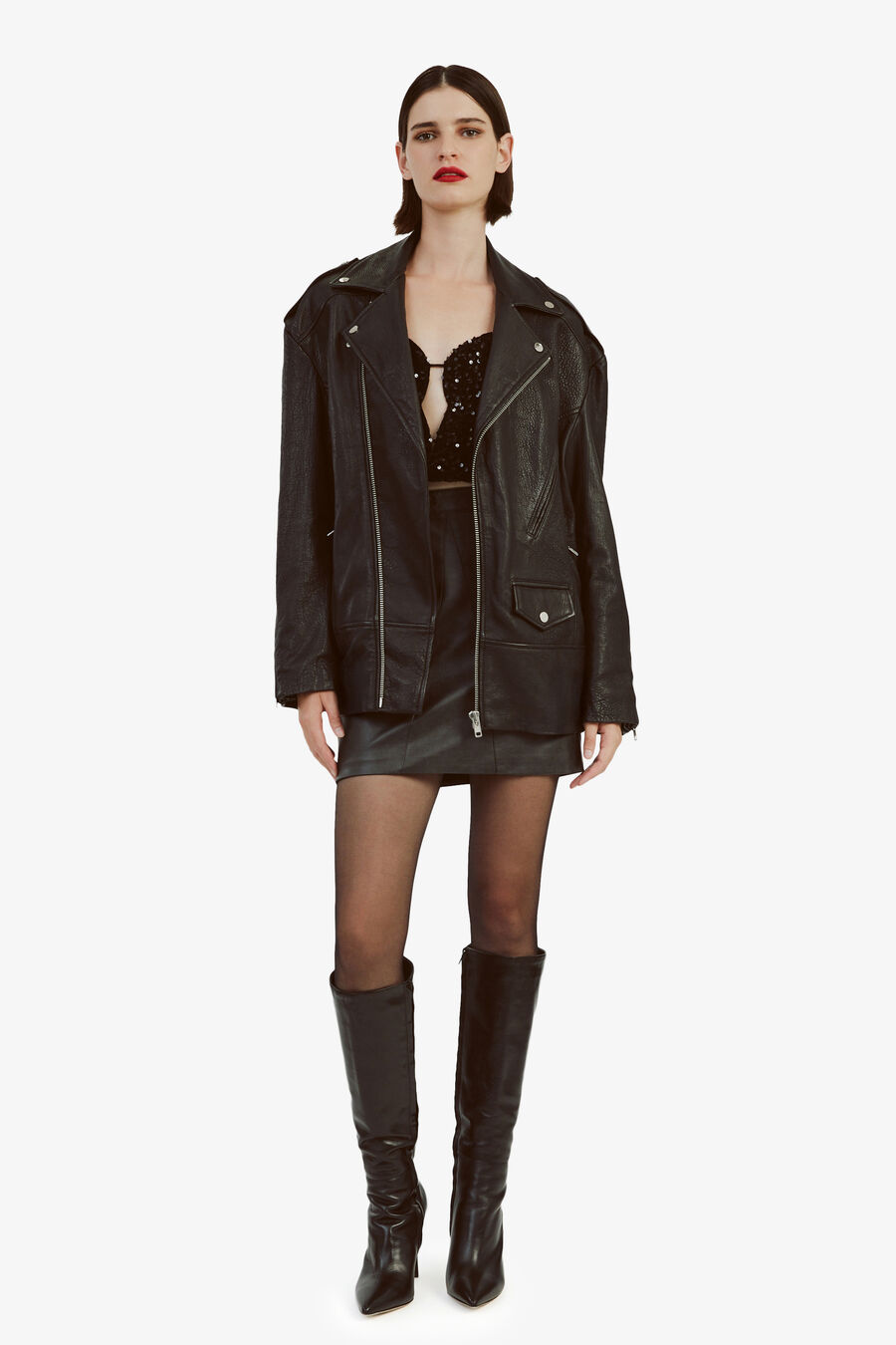 OVERSIZED LEATHER BIKER JACKET in colour BLACK