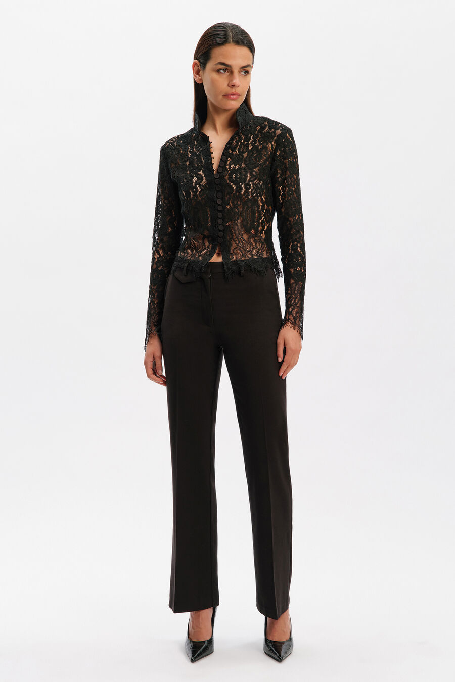REMLY BUTTON FRONT LACE TOP in colour Black