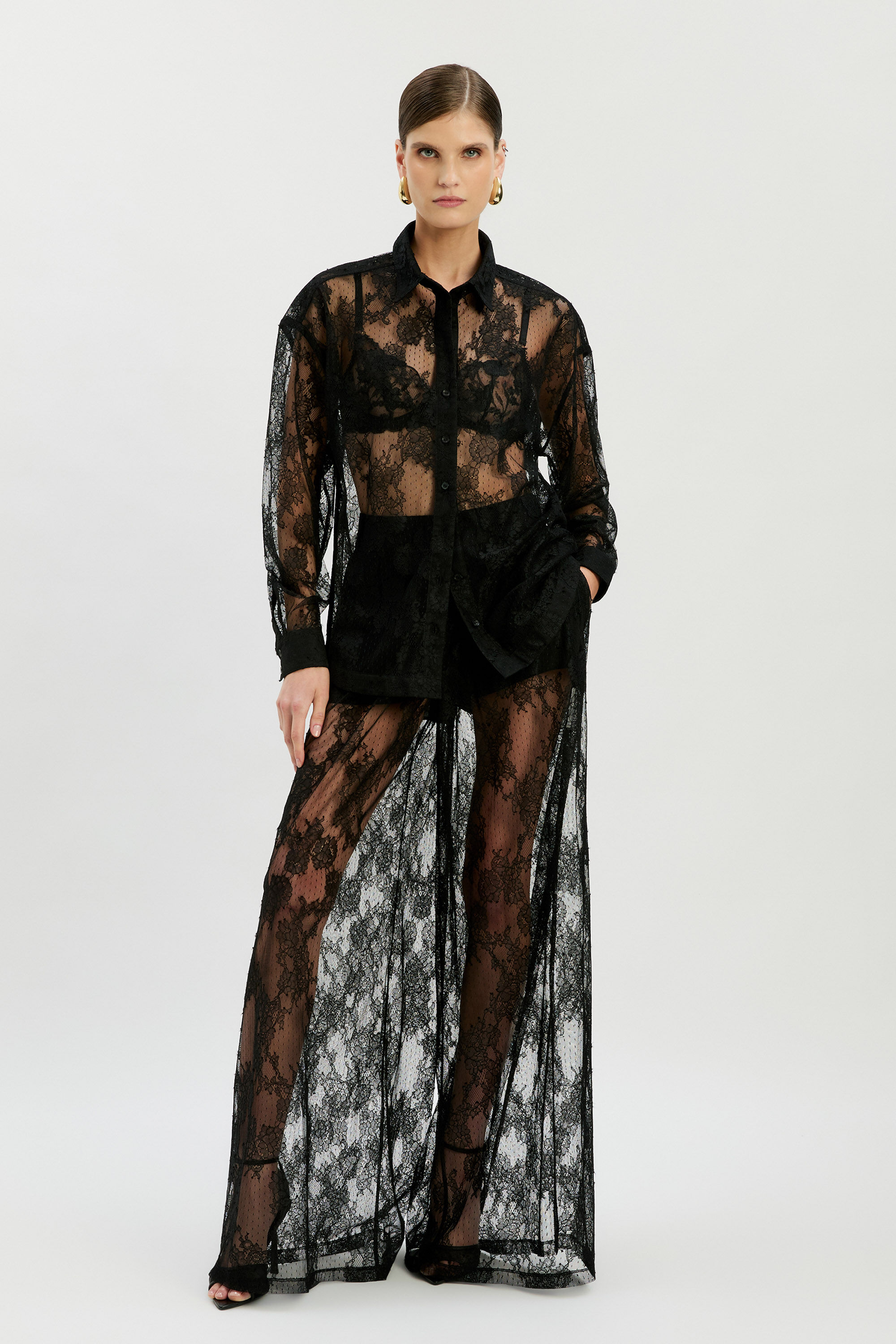 Aleida Oversized Lace Shirt In Black | Bardot