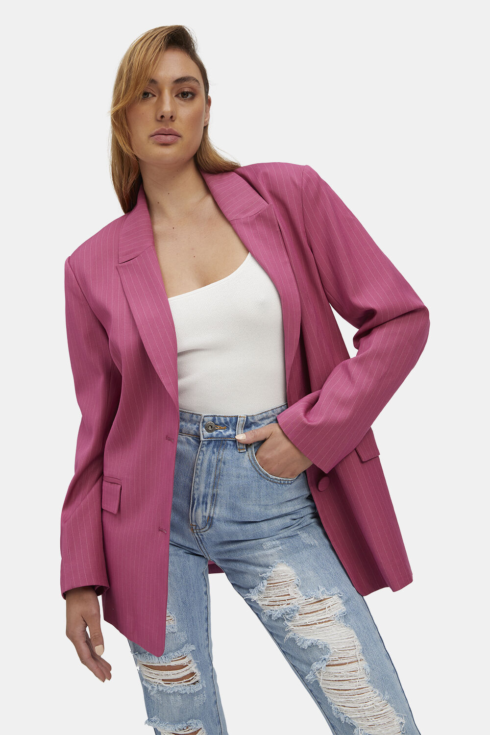 PIN STRIPE BLAZER in colour WILD ORCHID