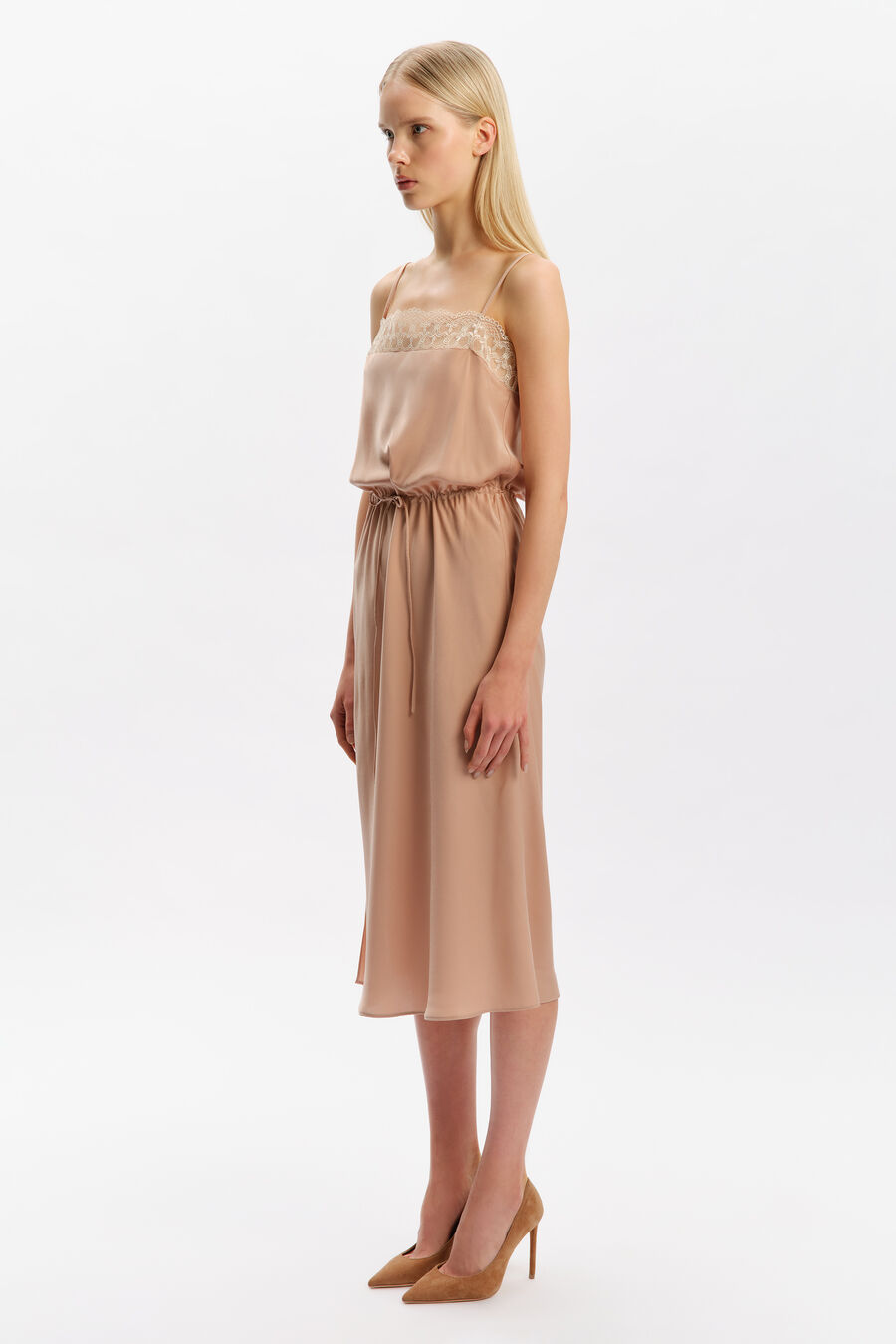 Olina Lace Satin Midi Dress