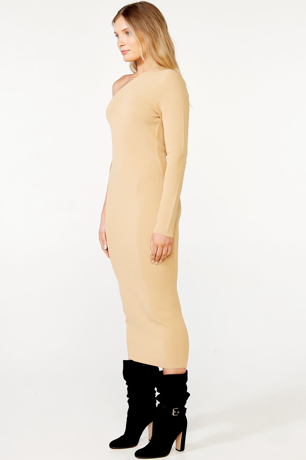 ONE SHOULDER KNIT DRESS in colour TAN