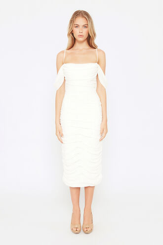 VIVIENNE RUCHED MIDI DRESS in colour CLOUD DANCER