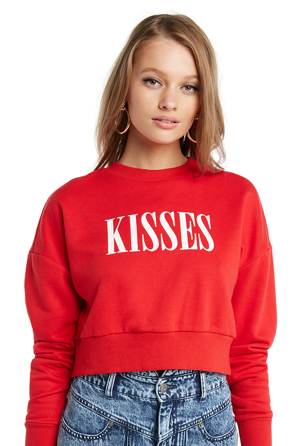 KISSES CROP SWEAT TOP in colour CRIMSON
