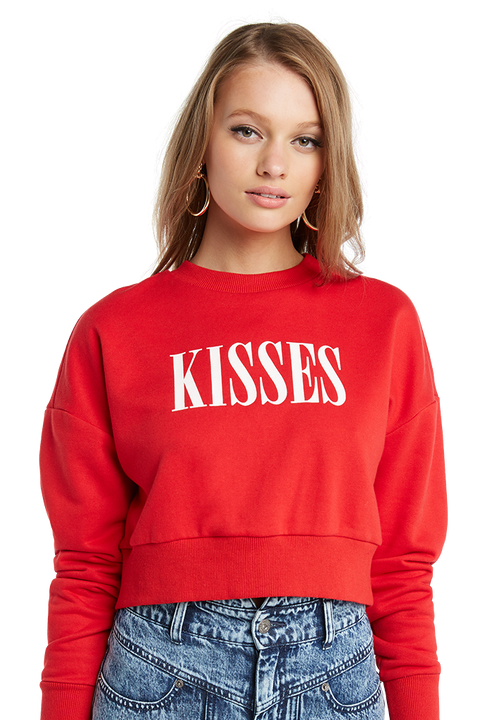 KISSES CROP SWEAT TOP in colour CRIMSON
