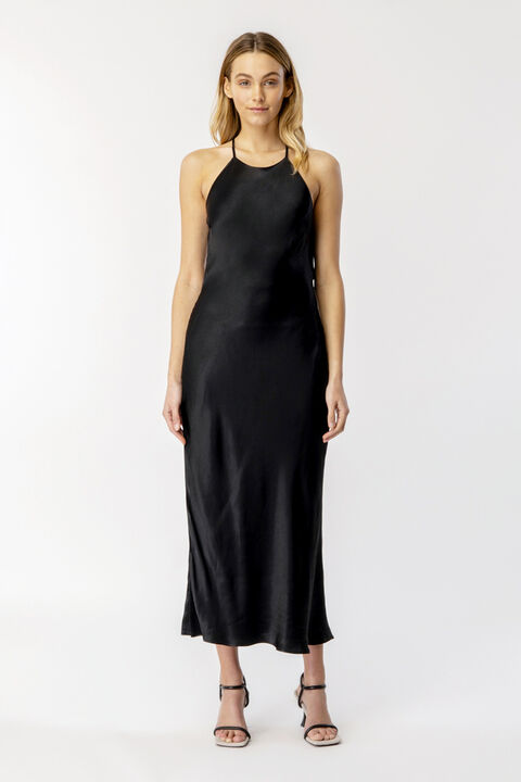 Mila Cowl Back Slip Dress in Black Bardot